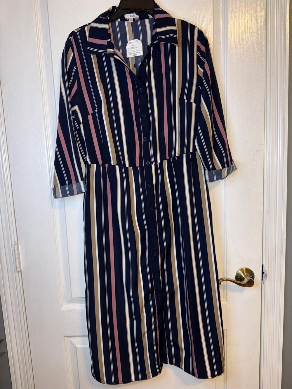 Women’s Navy Striped Button-Front Midi Dress with Pink & Cream Accents
